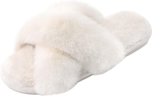 Women'S Fuzzy Cross Band Slippers, Memory Foam House Shoes with Anti-Slip Rubber Sole, Open Toe Plush Fleece Indoor Slippers for Ladies, Cozy Gifts for Women