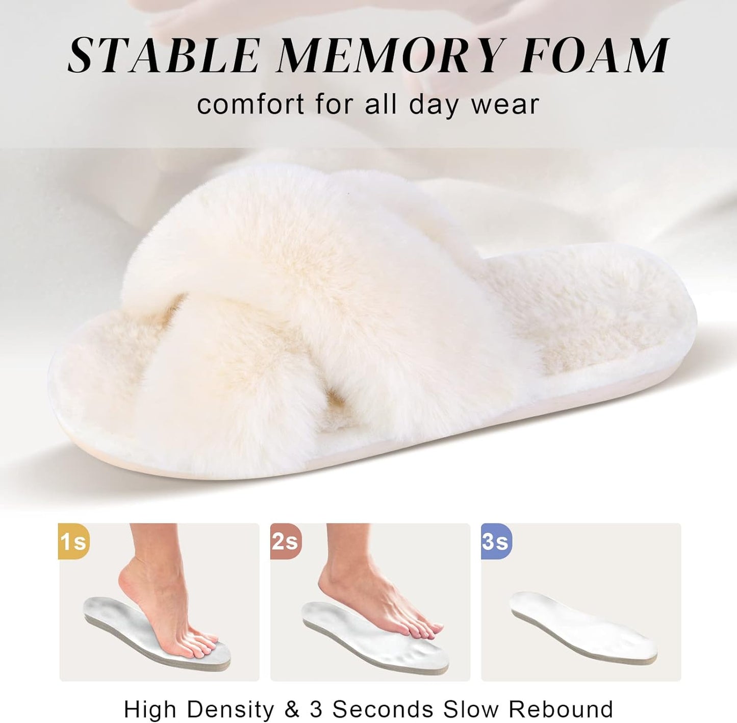 Women'S Fuzzy Cross Band Slippers, Memory Foam House Shoes with Anti-Slip Rubber Sole, Open Toe Plush Fleece Indoor Slippers for Ladies, Cozy Gifts for Women