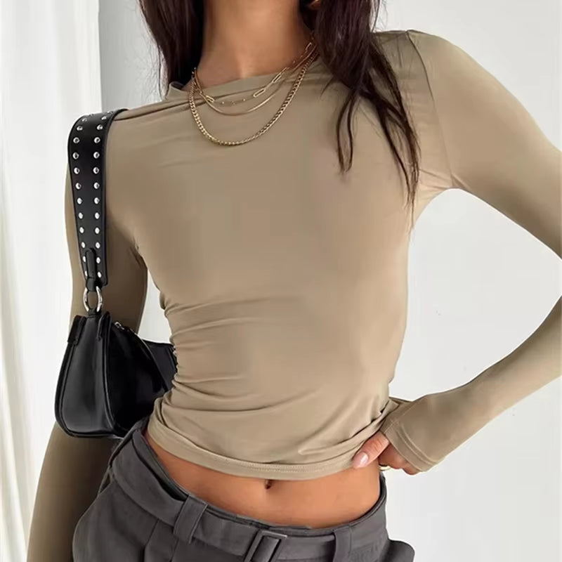 TUSHANGGE Women Long Sleeve T Shirt Spring Autumn Solid Casual Shirts Female Pullovers Tee Y2K Clothes Streetwear Crop Tops