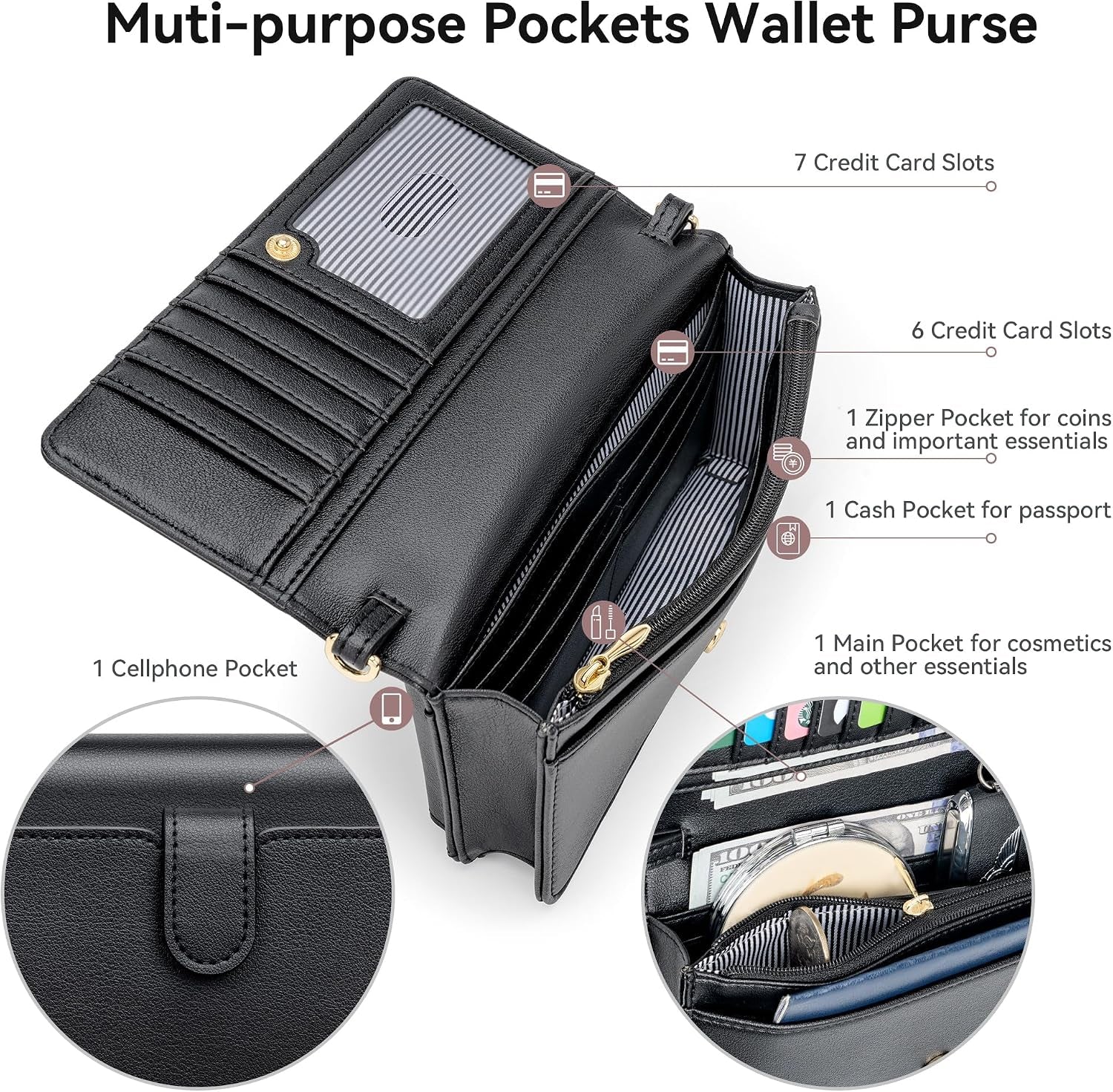 Women Small Crossbody Bag Cellphone Purse Wallet with RFID Card Slots 2 Straps Wristlet